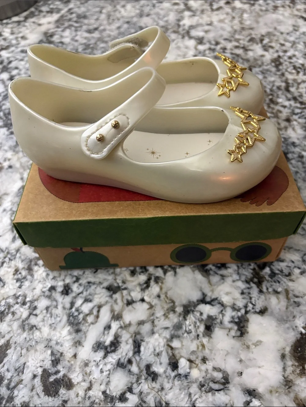 Mini Melissa Pearl White Mary Jane with Gold Star Trim